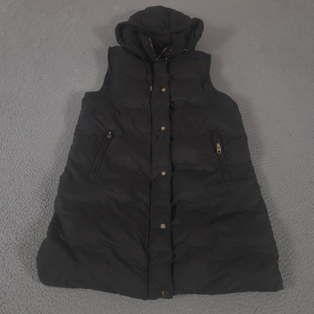 Zara Vest Womens Medium Black Hooded Puffer Longline Quilted Zip Front Pockets